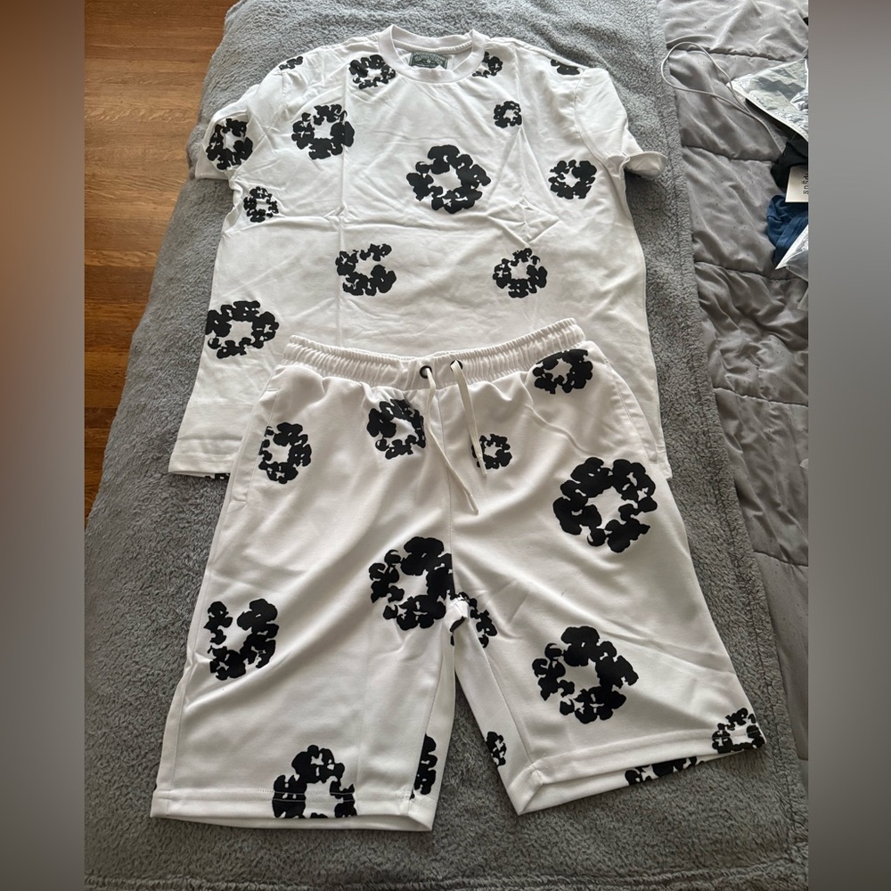 White and Black Denim Tear T-Shirt and Shorts Set